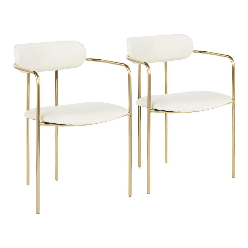 Set of 2 Demi Contemporary Chair Cream - LumiSource: Velvet Upholstery, Gold Metal Frame, Cushioned Seat & Armrests