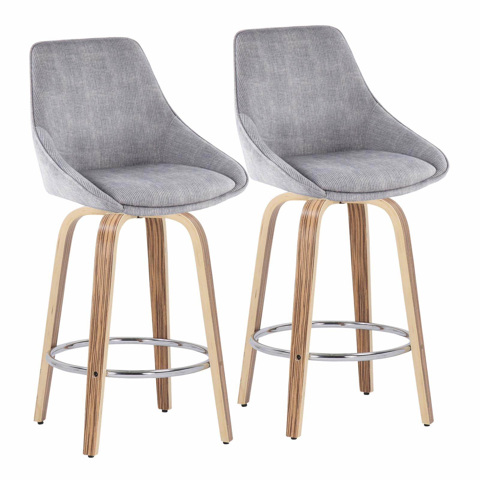 Zebra Wood and Grey Corduroy Swivel Counter Stools, Set of 2