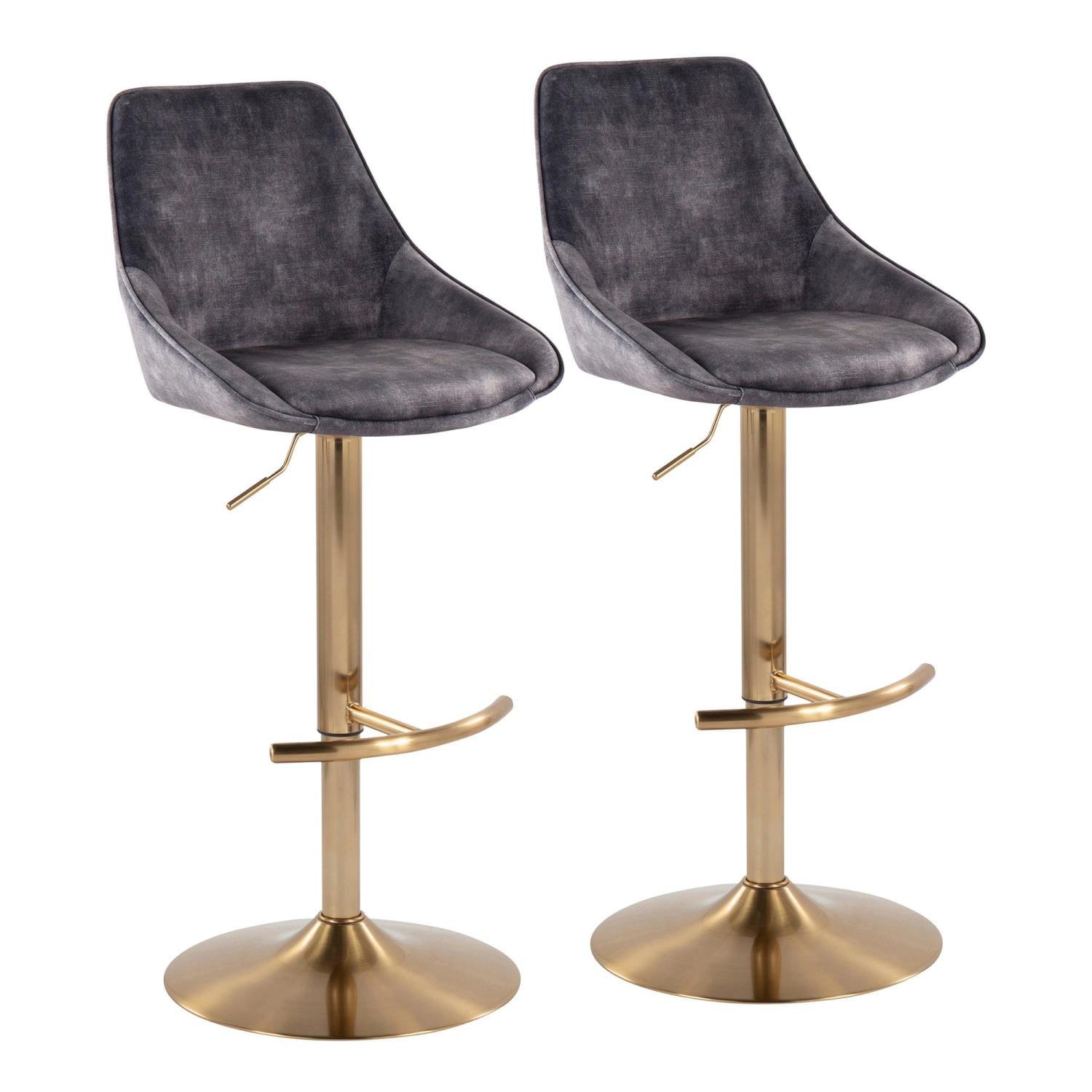 Adjustable Diana Gray Velvet Swivel Bar Stools with Metal Base, Set of 2