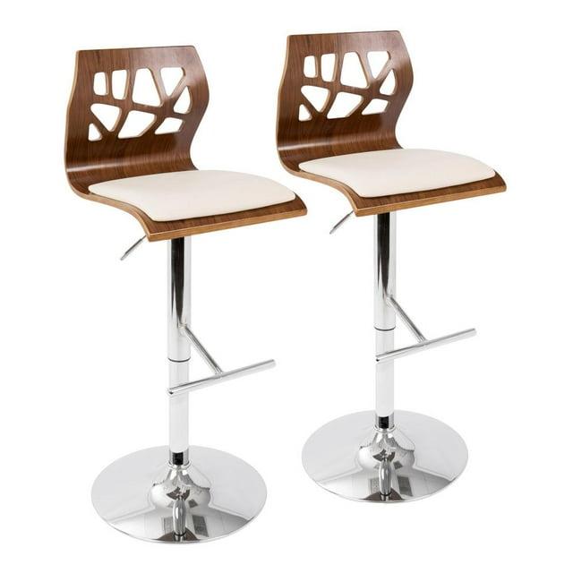 LumiSource Walnut Wood, Cream PU, Chrome Folia Adjustable Barstool - Set of 2
