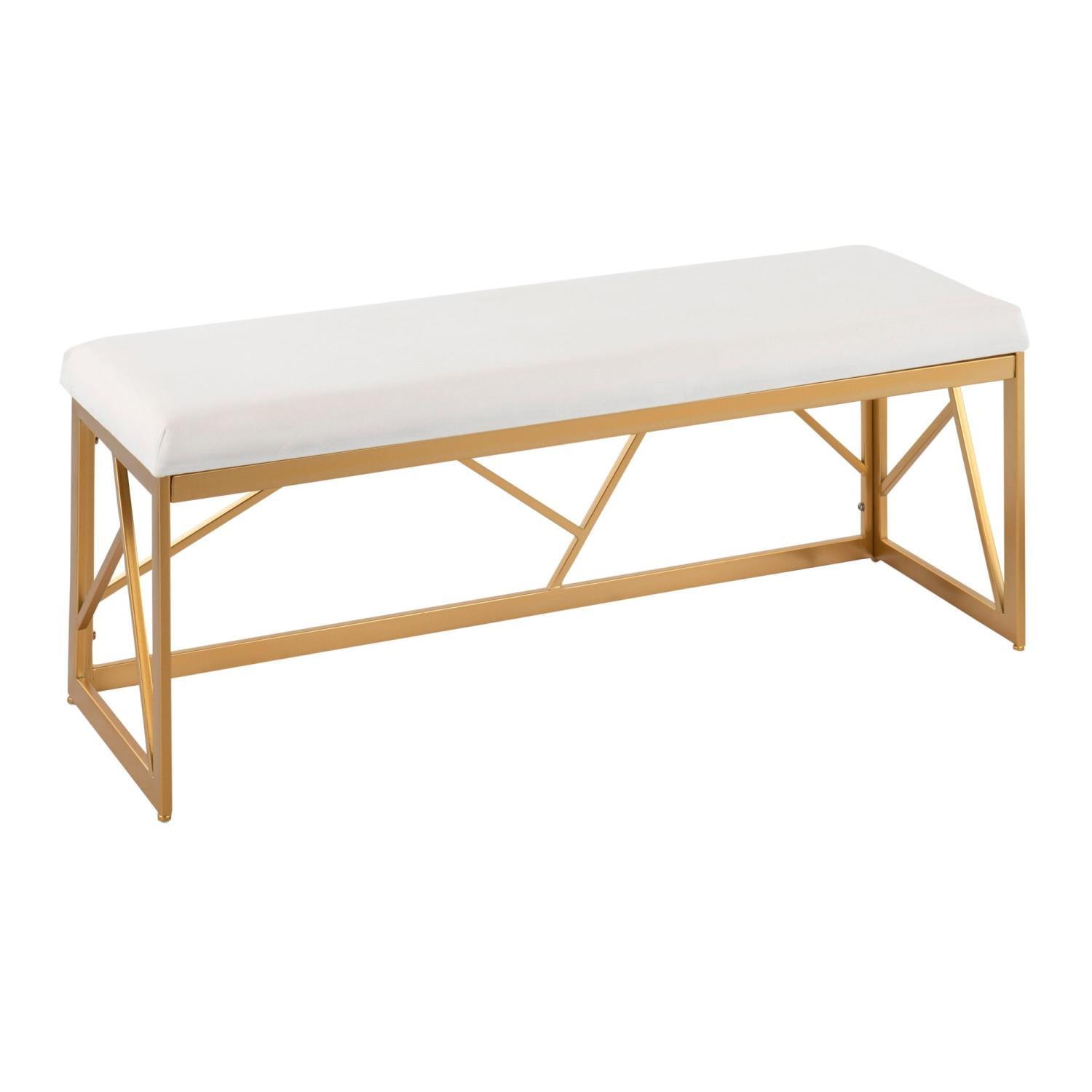 Folia 44" Velvet/Steel Bench Gold/White - LumiSource: Entryway, Modern Geometric Frame, Comfort Seating