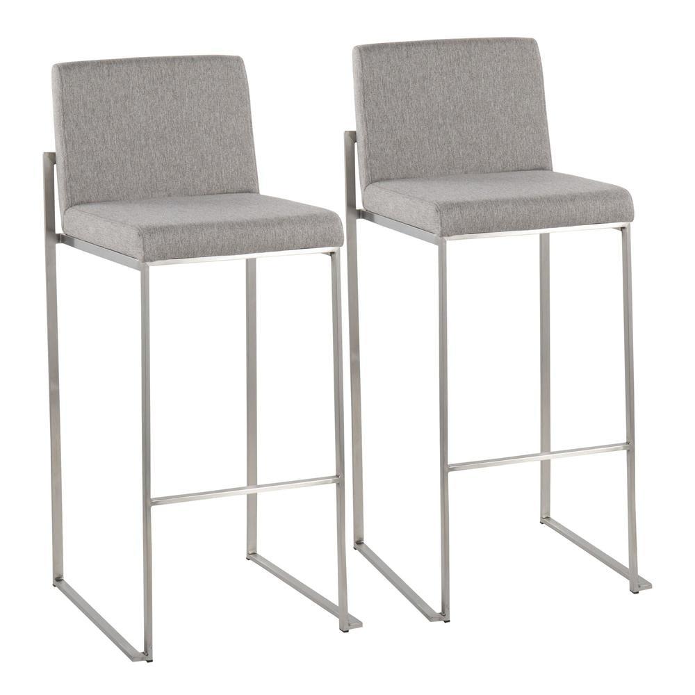 LumiSource Stainless Steel, Grey Fabric Fuji High Back Barstool - Set of 2