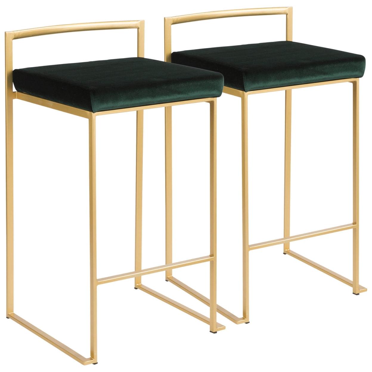 LumiSource Set of 2 27" Fuji Contemporary Counter Height Barstool Green: Velvet Upholstery, Metal Legs, Low Back