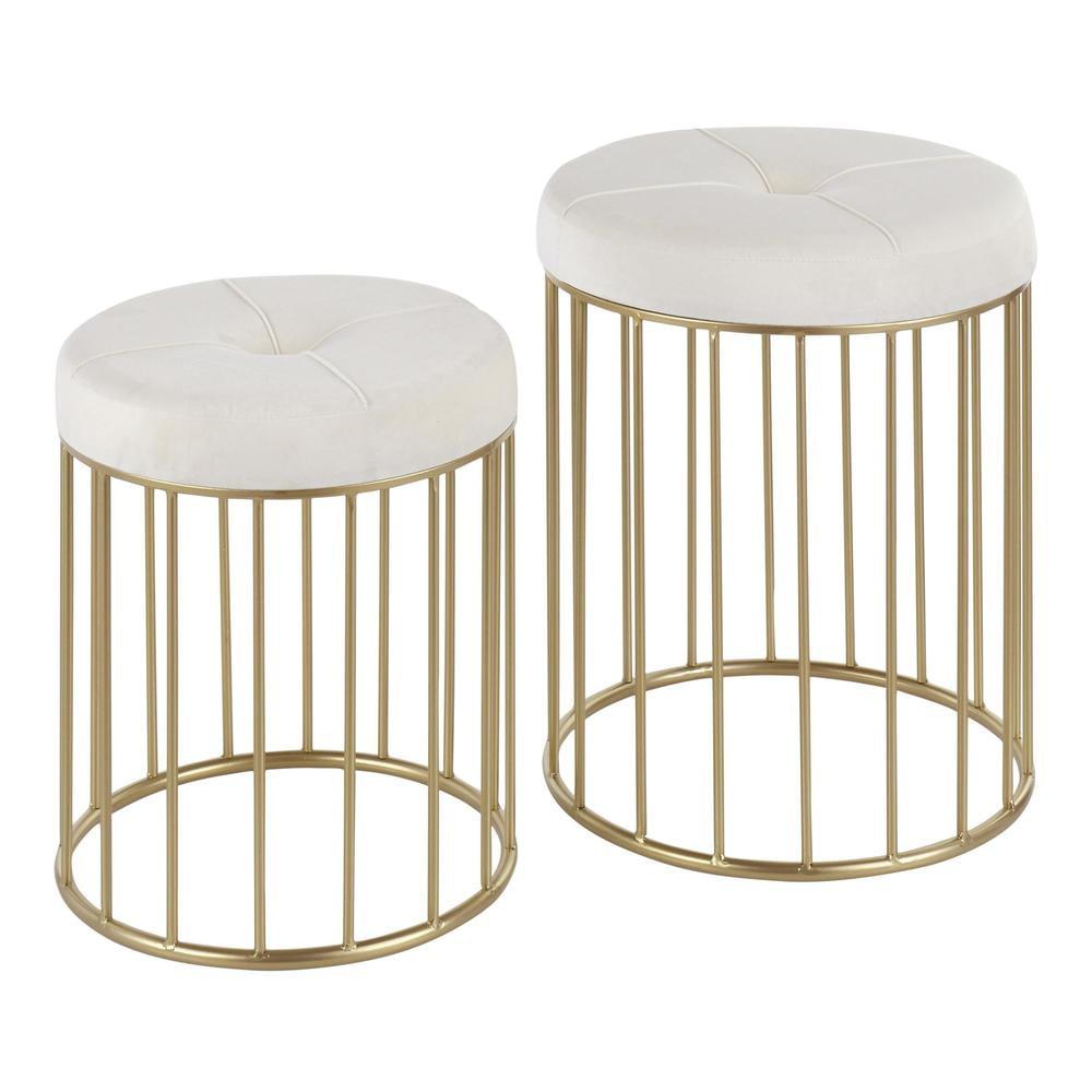 Canary Contemporary Nesting Ottomans Gold/Cream - LumiSource: Gold-Tone Metal, Velvet, No Assembly Required