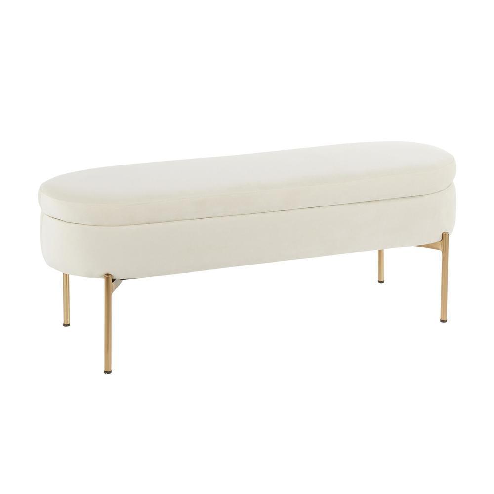 48" Chloe Contemporary Upholstered Storage Bench Gold/Cream - LumiSource: Velvet Seating, Metal Base