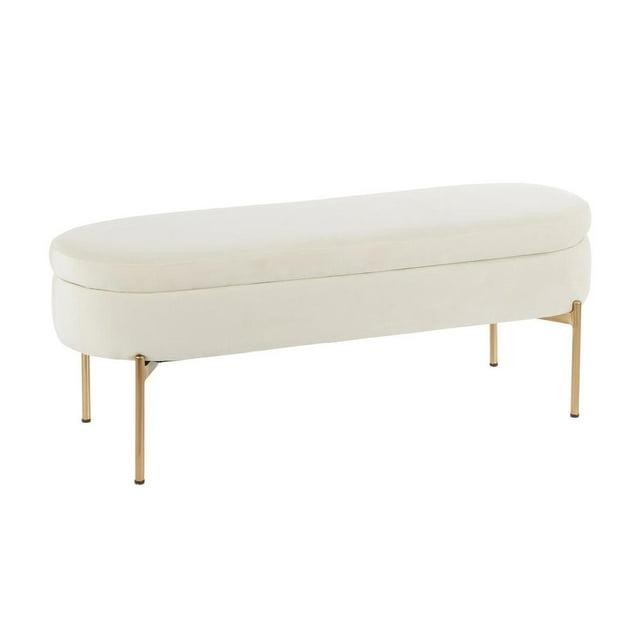 48" Chloe Contemporary Upholstered Storage Bench Gold/Cream - LumiSource: Velvet Seating, Metal Base
