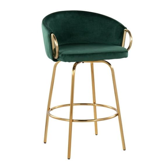 LumiSource Set of 2 Claire Upholstered Counter Height Barstools Green/Gold:: Velvet, Swivel, Steel Legs, Foam Filled