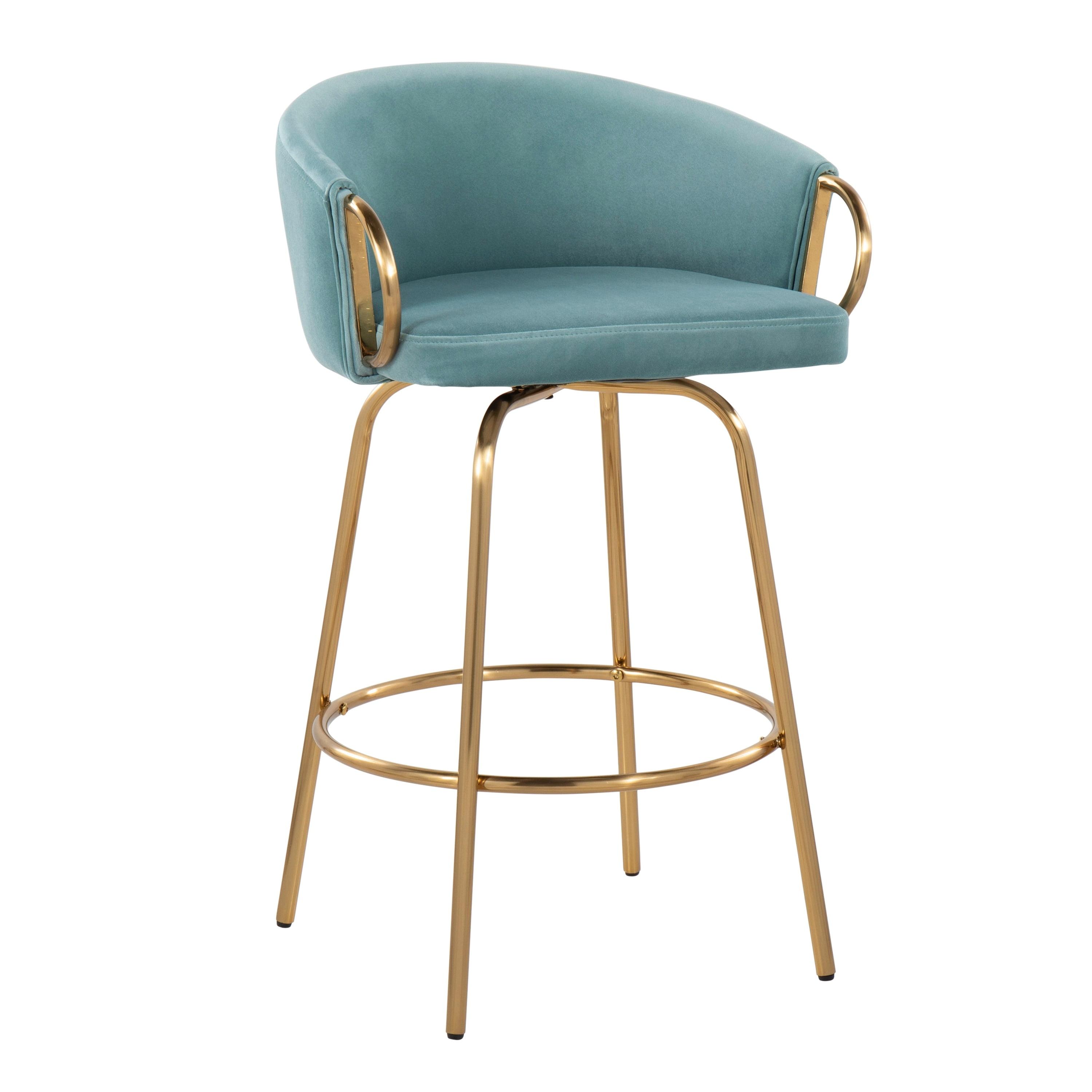LumiSource Gold Steel, Light Blue Velvet Claire 26" Fixed Height Counter Stool - Set of 2