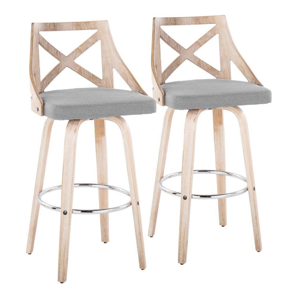 LumiSource Set of 2 Charlotte Barstools White Wash/Light Gray: Upholstered Swivel Counter Height Stools