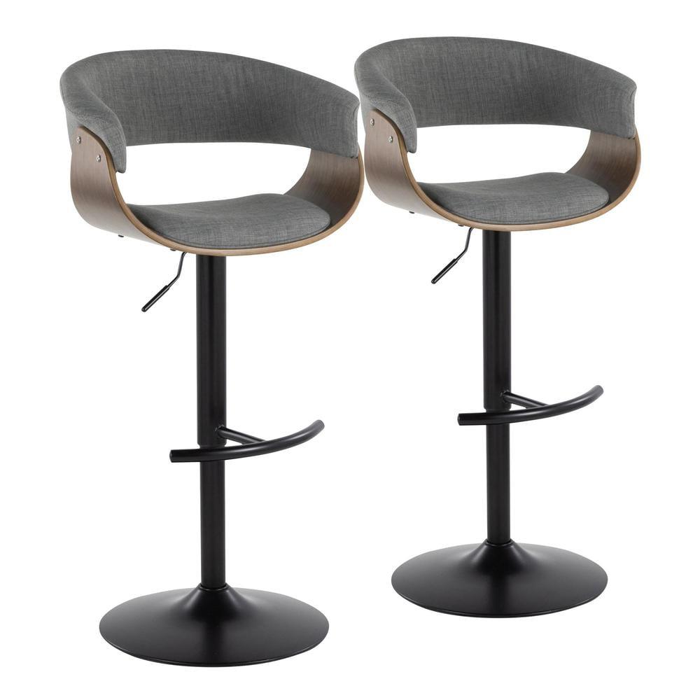 Set of 2 Vintage Modern Adjustable Barstools Black/Walnut/Light Gray - LumiSource: Swivel, Upholstered, Metal Base