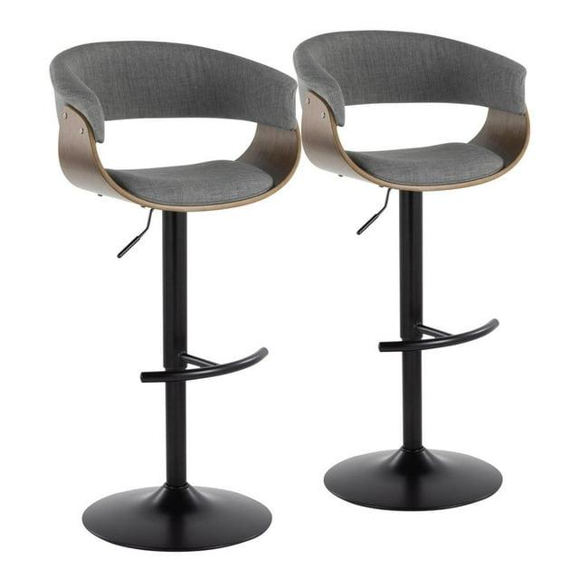 Set of 2 Vintage Modern Adjustable Barstools Black/Walnut/Light Gray - LumiSource: Swivel, Upholstered, Metal Base