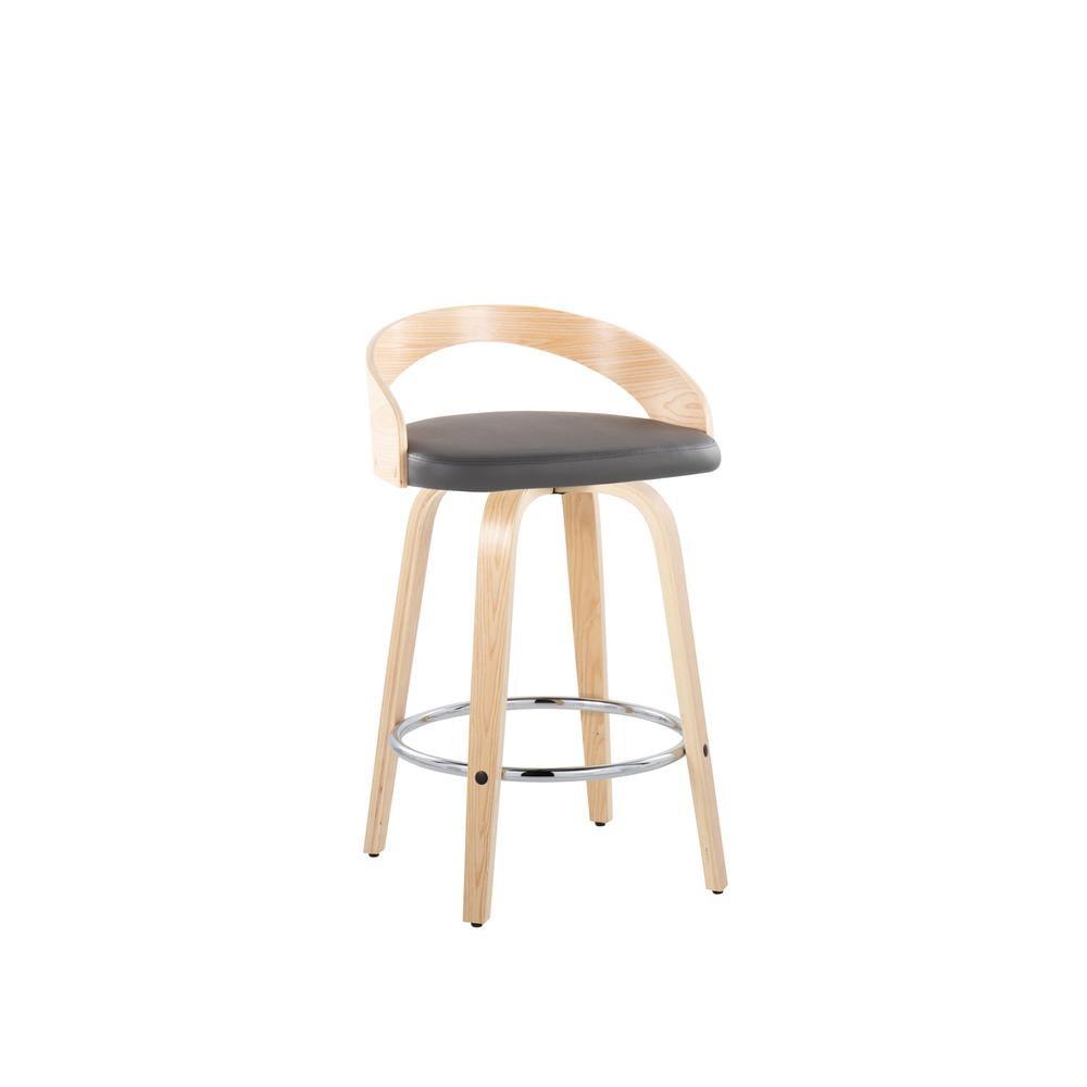 Natural Wood and Chrome Swivel Counter Stool with Grey Seat