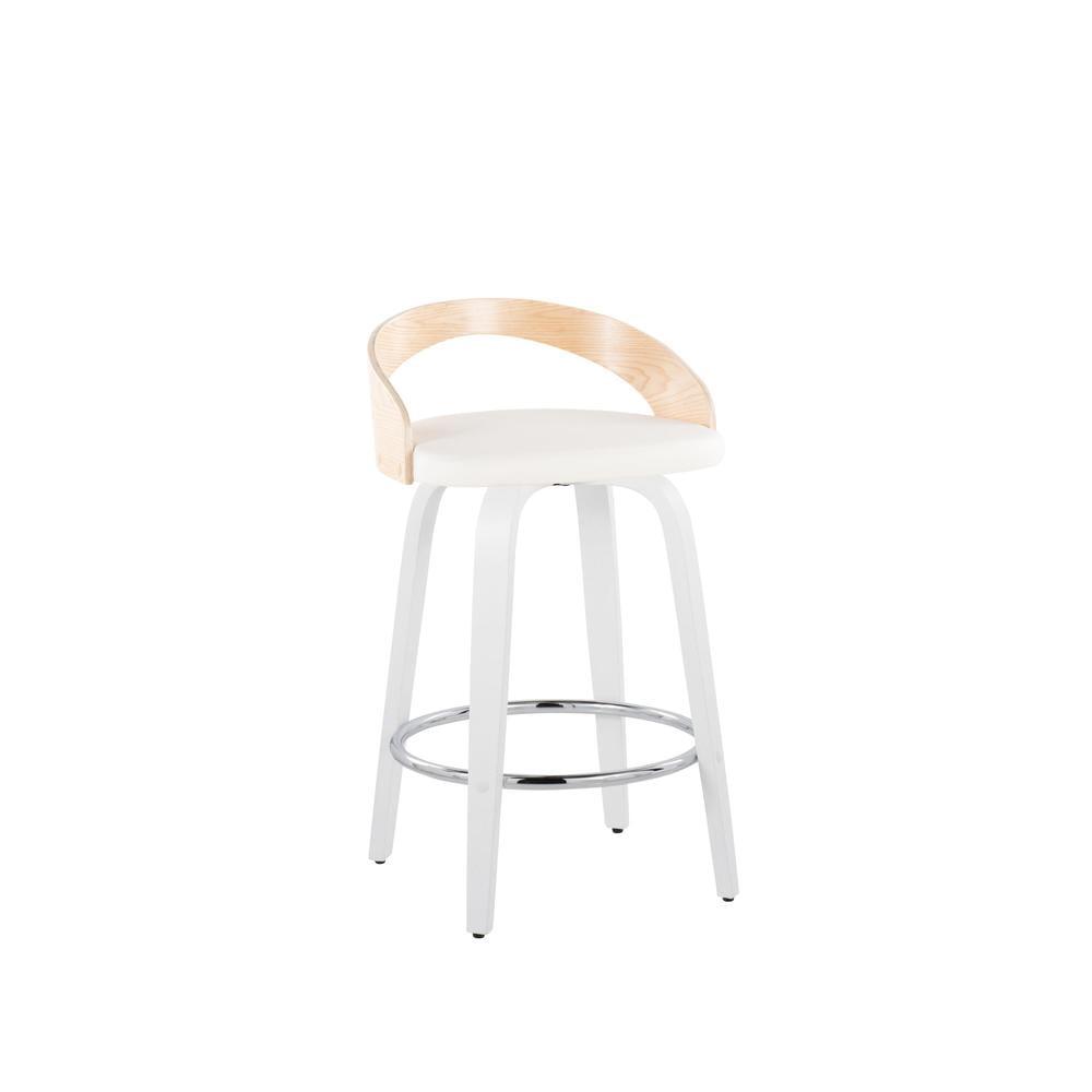 Adjustable White Upholstered Swivel Barstool with Wood Backrest