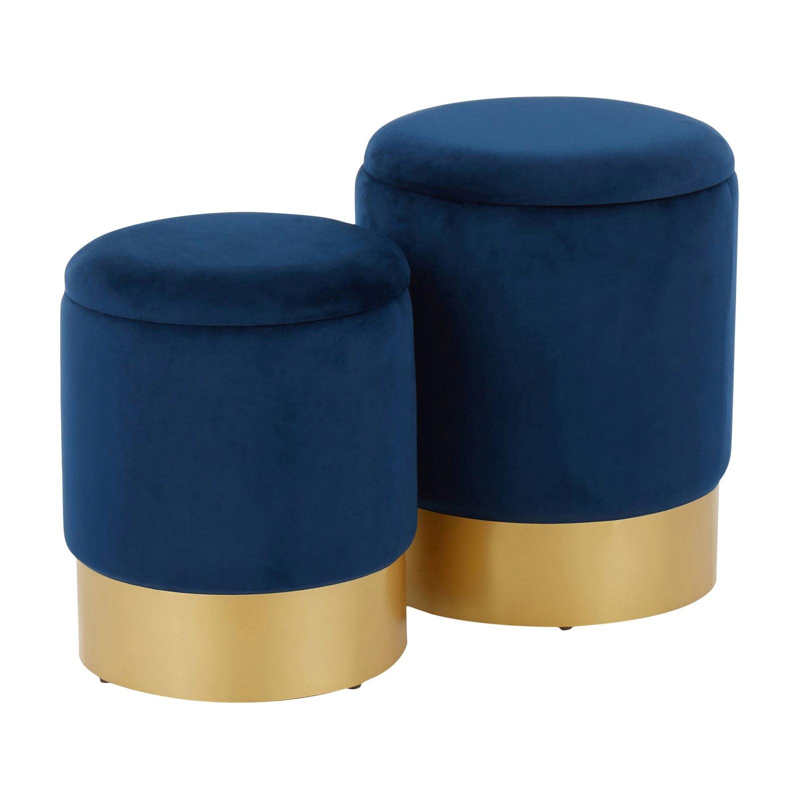 Blue Velvet and Gold Round Nesting Ottomans Set of 2