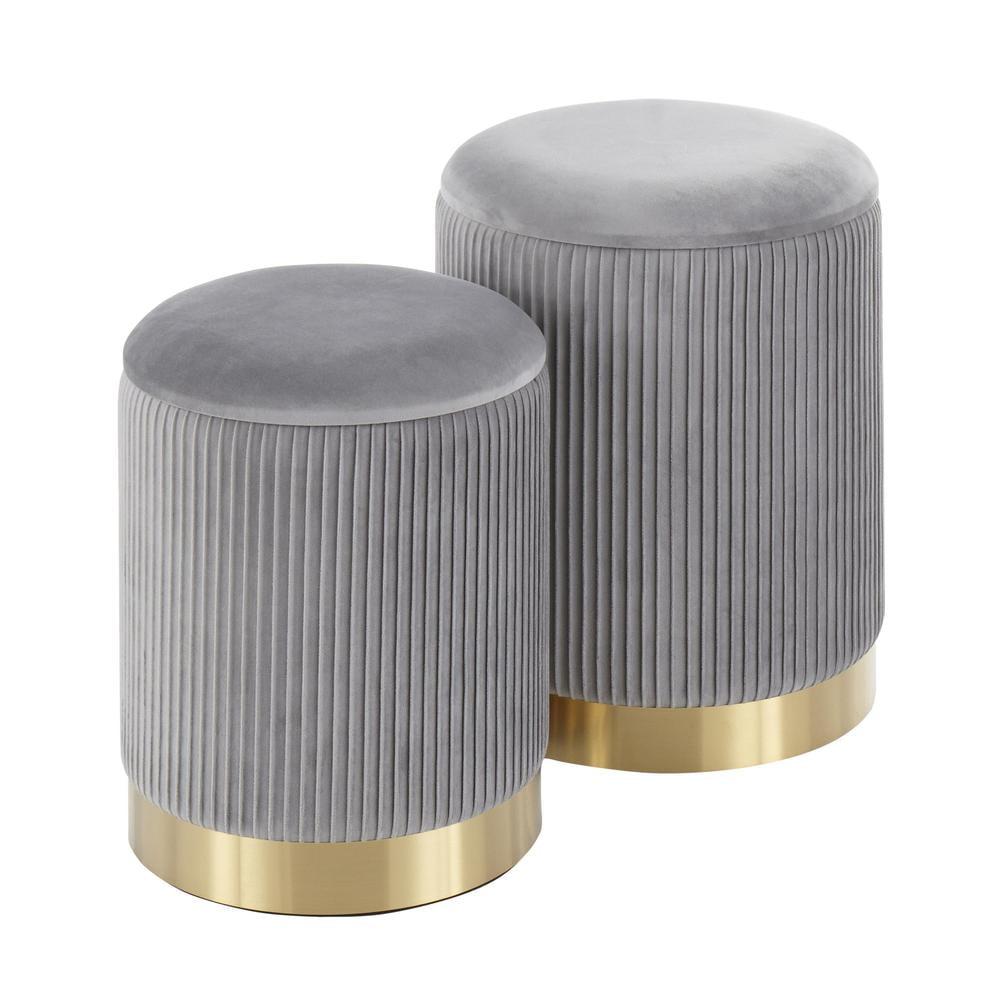 LumiSource Marla Contemporary Nesting Pleated Ottomans Gold/Gray: Velvet Upholstered, Metal Legs, No Assembly Required