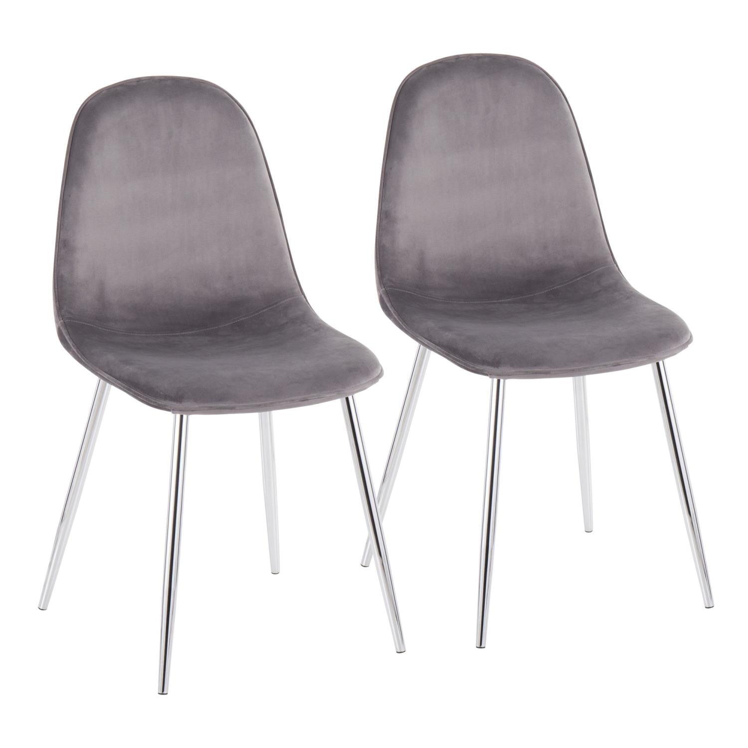 Set of 2 Stone Chrome High-Back Grey Velvet Side Chairs