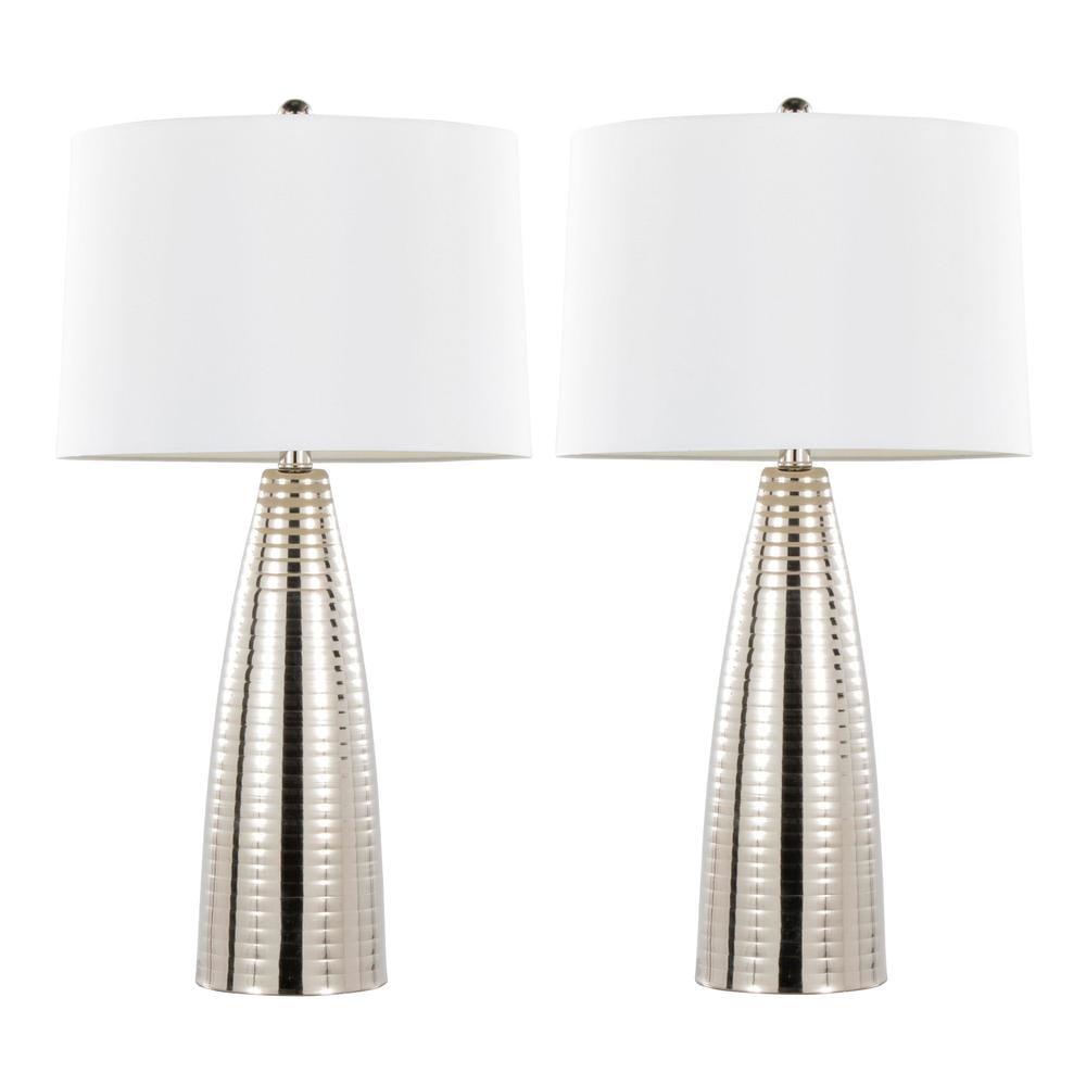 LumiSource (Set of 2) Maya 27.75" Contemporary Metal Table Lamps Polished Nickel with White Linen Shade from Grandview Gallery: UL Listed