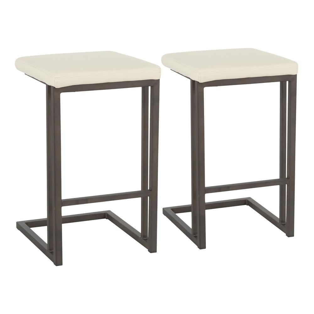 LumiSource Set of 2 Roman Industrial Counter Height Barstools Cream:: Faux Leather, Square Seat, No Assembly Required