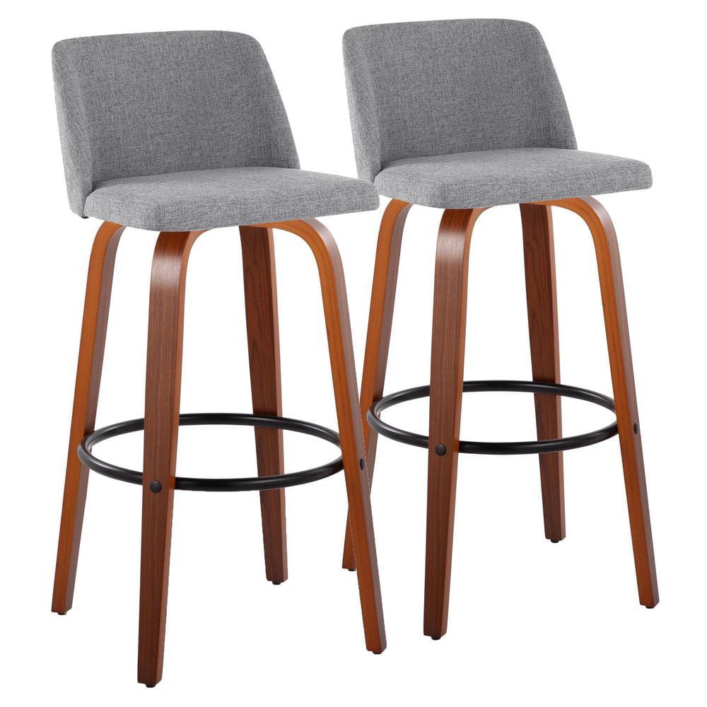 Gray and Walnut Wood Swivel Barstools with Metal Footrest, Set of 2