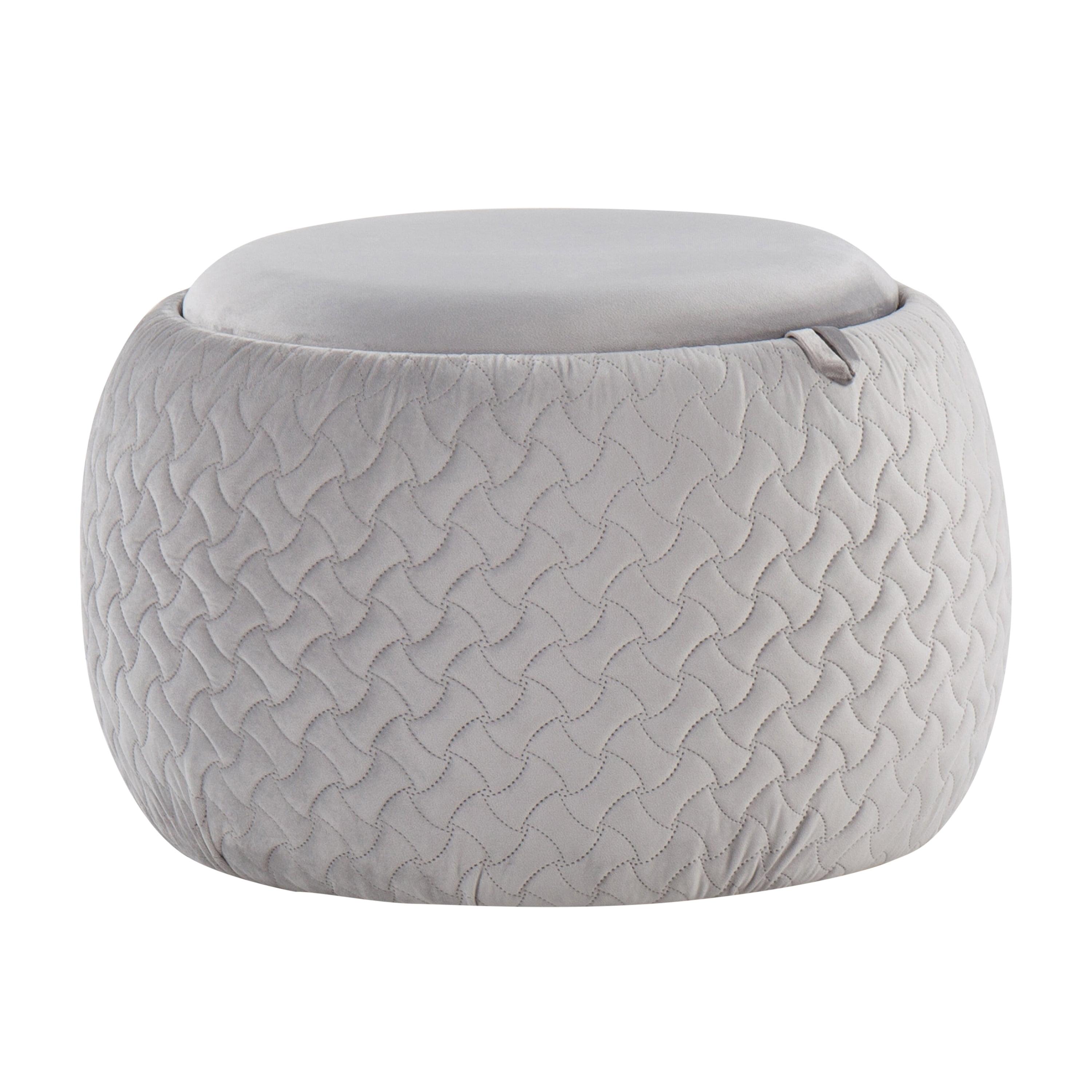 Silver Velvet Round Ottoman with Natural Wood Tray