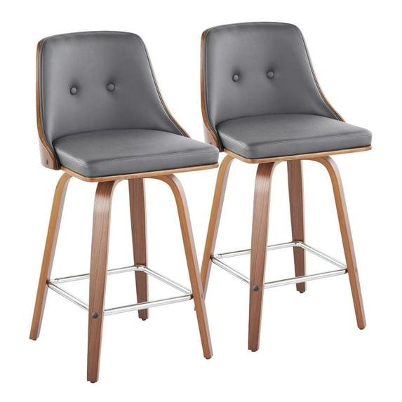 LumiSource Set of 2 Gianna Counter Height Barstools Walnut/Gray: Mid-Century Modern, Swivel, Faux Leather Upholstery