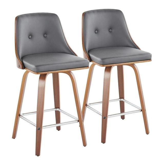 LumiSource Set of 2 Gianna Counter Height Barstools Walnut/Gray: Mid-Century Modern, Swivel, Faux Leather Upholstery