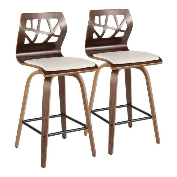 Set of 2 Folia Upholstered Counter Height Barstools Cream/Walnut - Lumisource: Wood Frame, Foam Padded Seat, Swivel Function