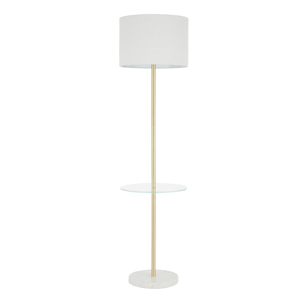 LumiSource Chloe Contemporary Shelf Floor Lamp with Marble Base Shelf and Linen Shade White (Includes LED Light Bulb) : Gold Neck, Round Glass Table