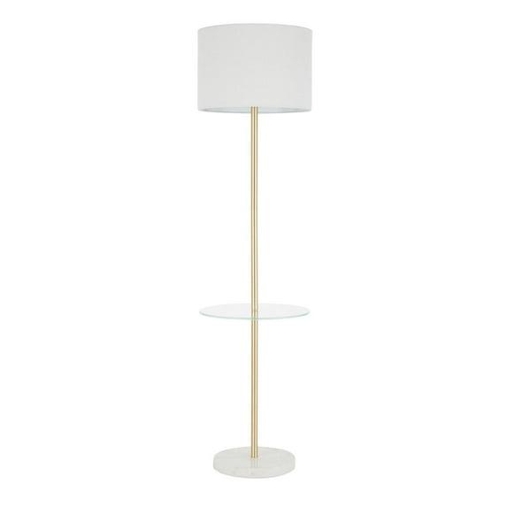 LumiSource Chloe Contemporary Shelf Floor Lamp with Marble Base Shelf and Linen Shade White (Includes LED Light Bulb) : Gold Neck, Round Glass Table