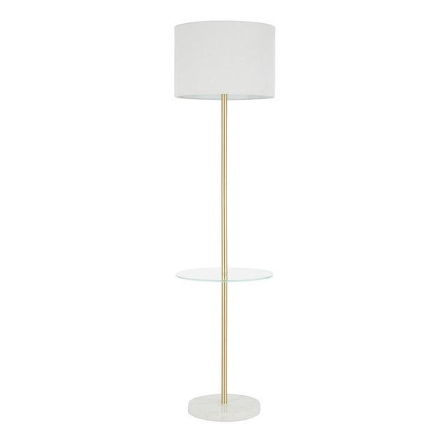 LumiSource Chloe Contemporary Shelf Floor Lamp with Marble Base Shelf and Linen Shade White (Includes LED Light Bulb) : Gold Neck, Round Glass Table