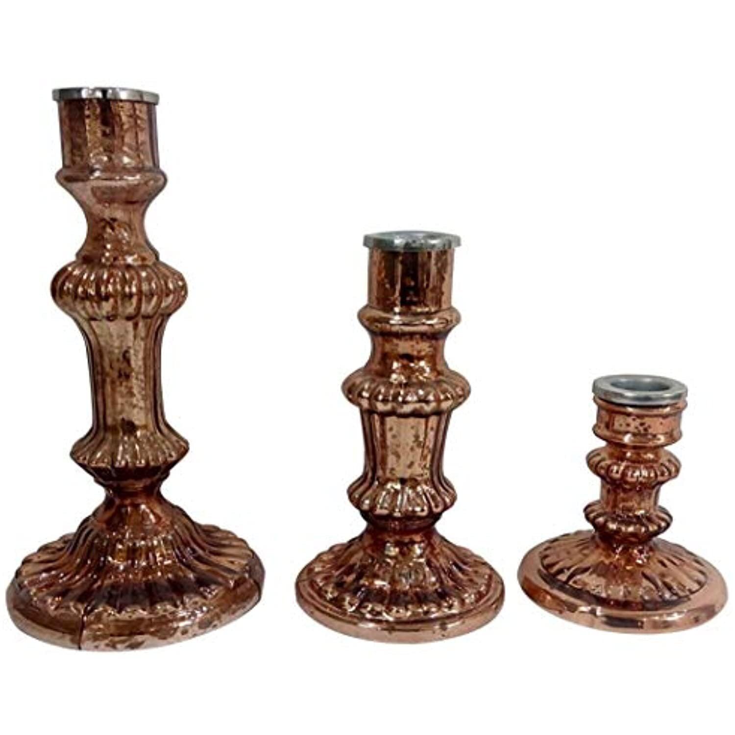 Elegant Antique Copper Glass Candlestick Trio, 13'' Height