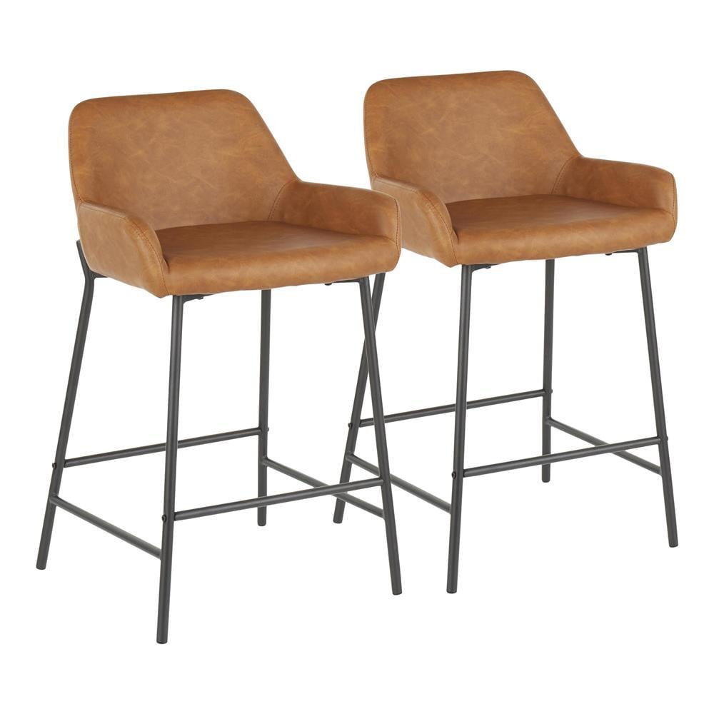 Daniella 33" Industrial Black Metal and Camel Faux Leather Counter Stools, Set of 2