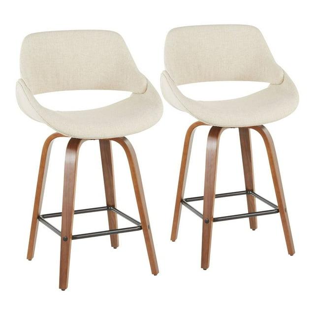 Set of 2 Fabrico Mid-Century Modern Counter Height Barstools Cream - LumiSource: Walnut Swivel Legs, Polyester Upholstery