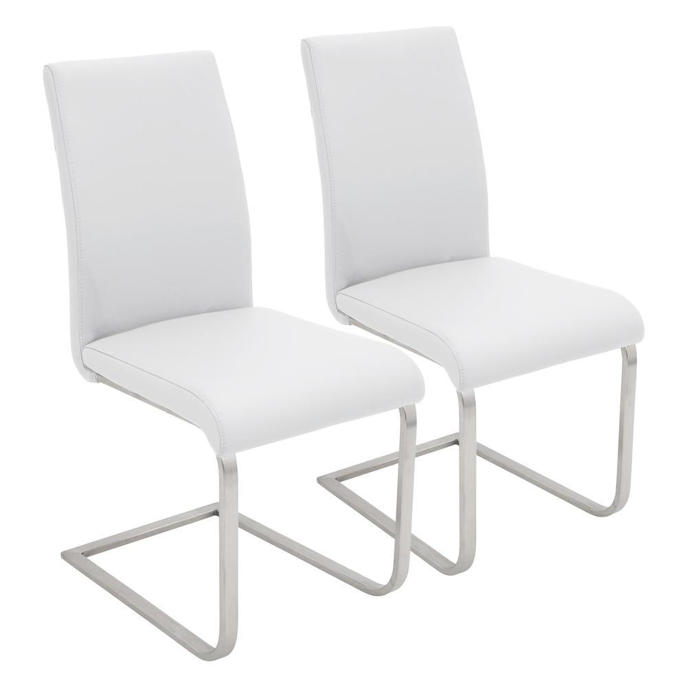 LumiSource Stainless Steel, White PU Foster Dining Chair - Set of 2