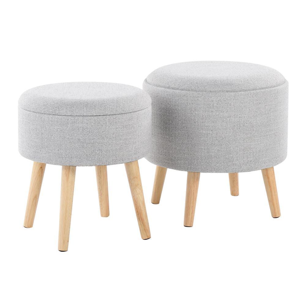 Natural Wood and Light Grey Fabric Round Tray Storage Ottoman Set