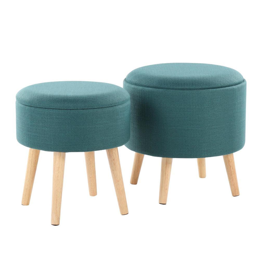 LumiSource Natural Wood, Teal Fabric Tray Storage Ottoman Set