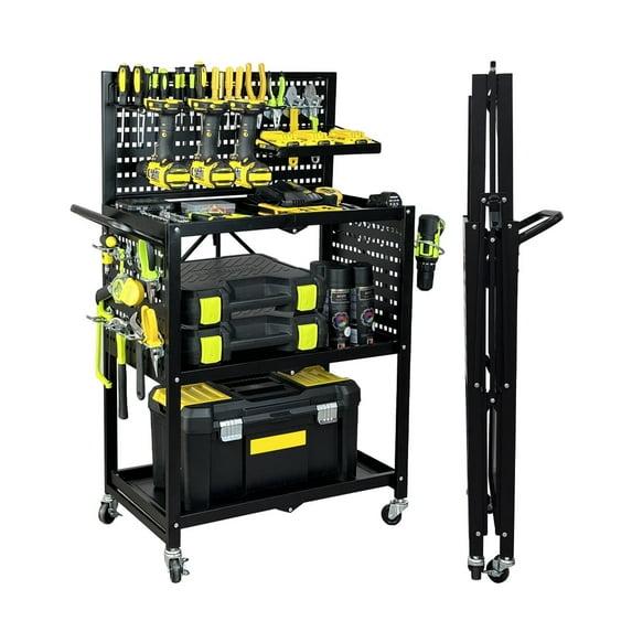 Lumizone 3-Tier Foldable Rolling Tool Cart with Wheels, Utility Cart with Pegboard and Hooks for Garage Organizer and Tool Storage, Power Tool Storage Cart on Wheels (Tool Cart+Hooks)