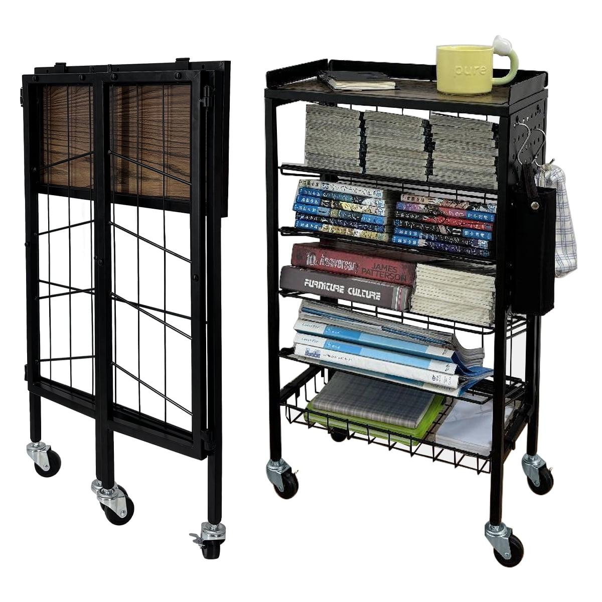 Lumizone Foldable Book Cart 6-Tier Large Capacity Bookshelf Single Sided V-Shaped Sloped Shelves With brake Wheels With PegBoard Slim Rolling Utility Cart Storage Rack, Home Shelves and Office(Black)