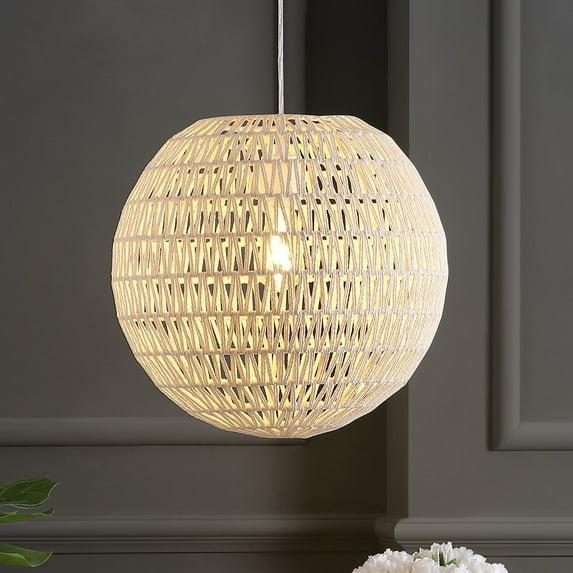Luna 15.75" 1-Light Bohemian Modern Woven Rattan/Iron LED Pendant, Cream/White