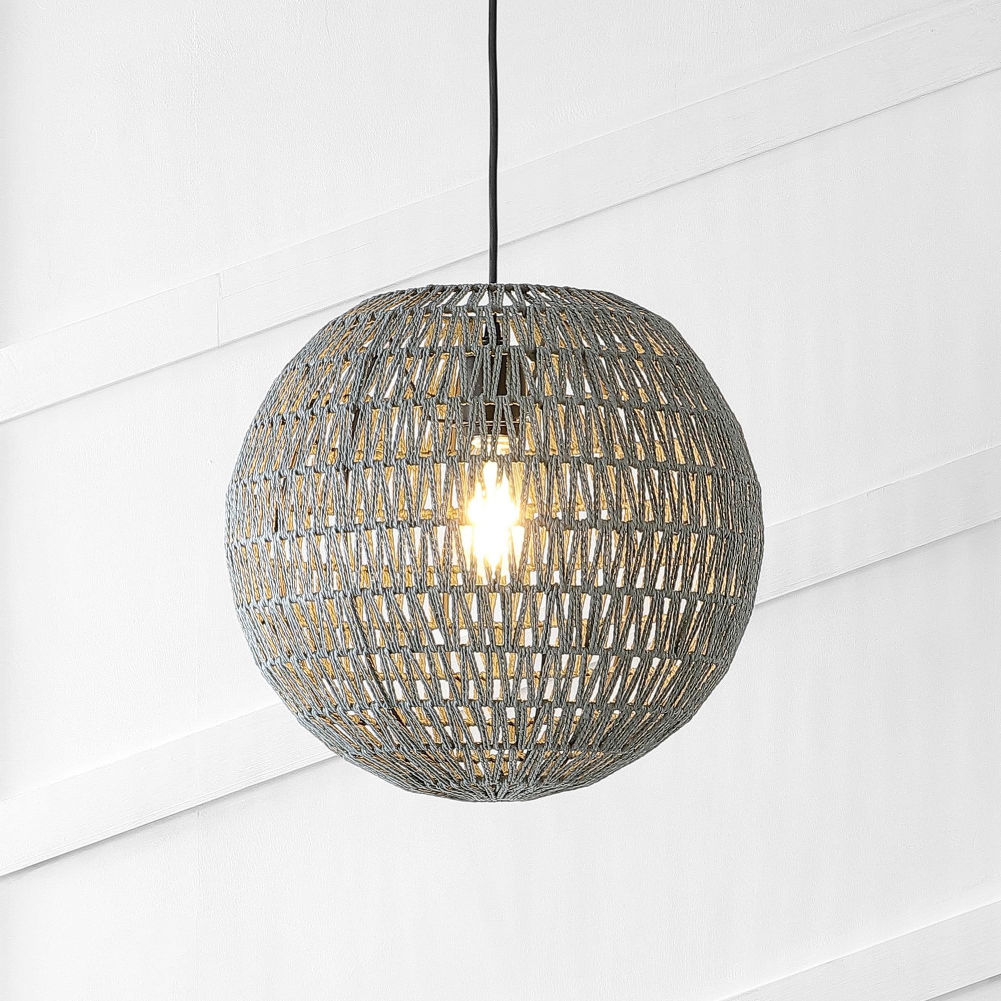 Luna 15.75" 1-Light Bohemian Modern Woven Rattan/Iron LED Pendant, Grey/Black