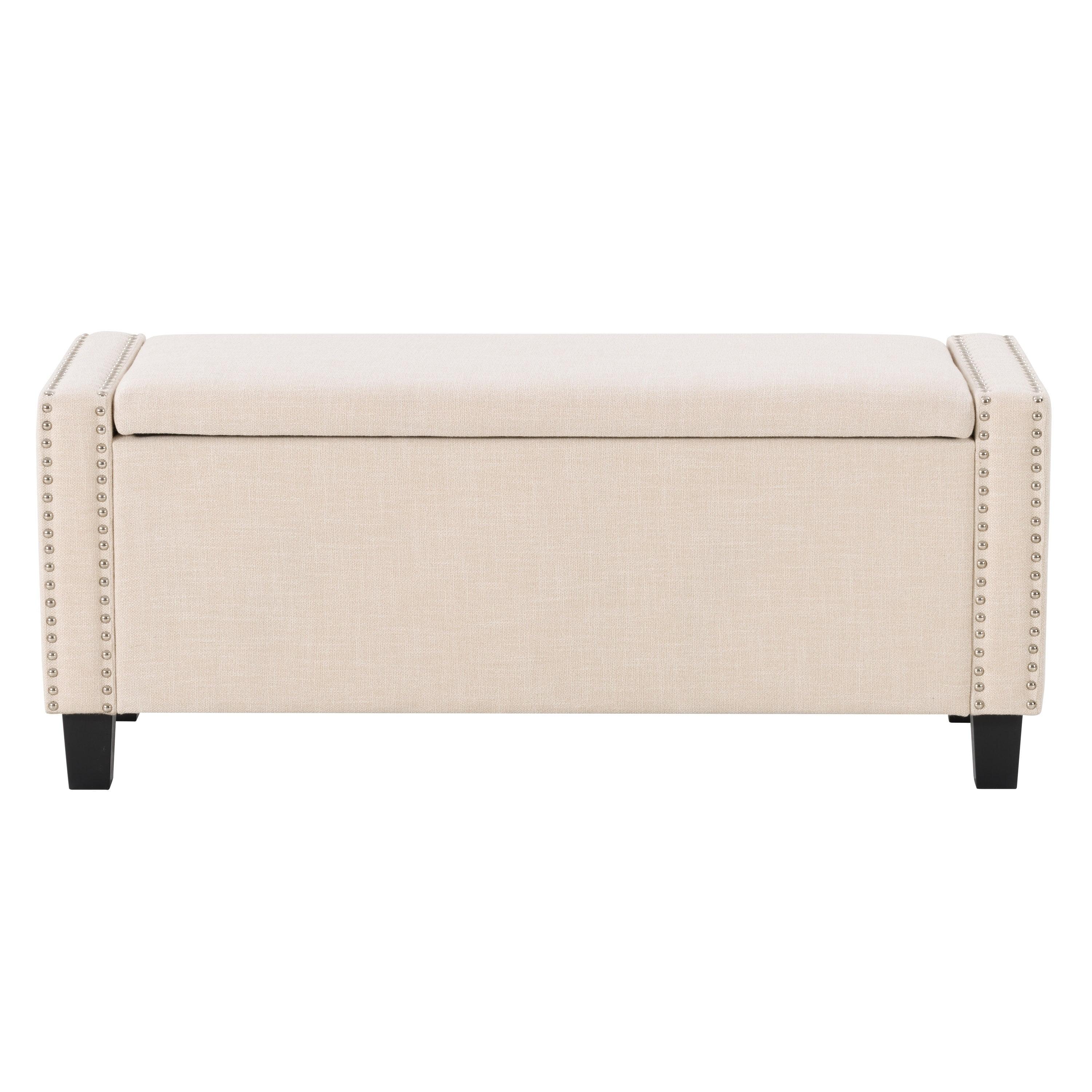 Luna Beige Fabric Storage Ottoman with Nailhead Trim