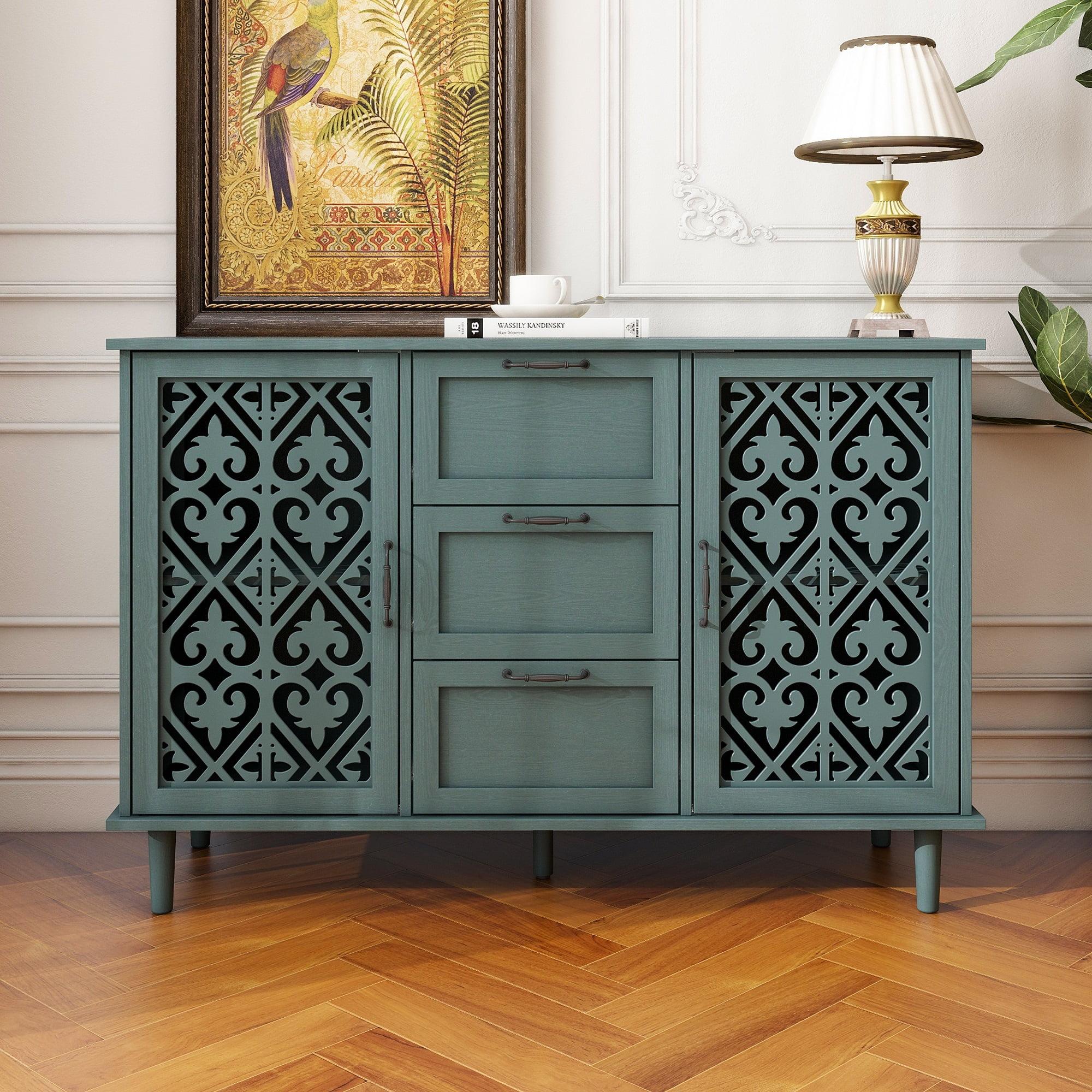 Lunale 47.24" Dark Green Hollow-Carved 2-Door Cabinet with 3 Drawers