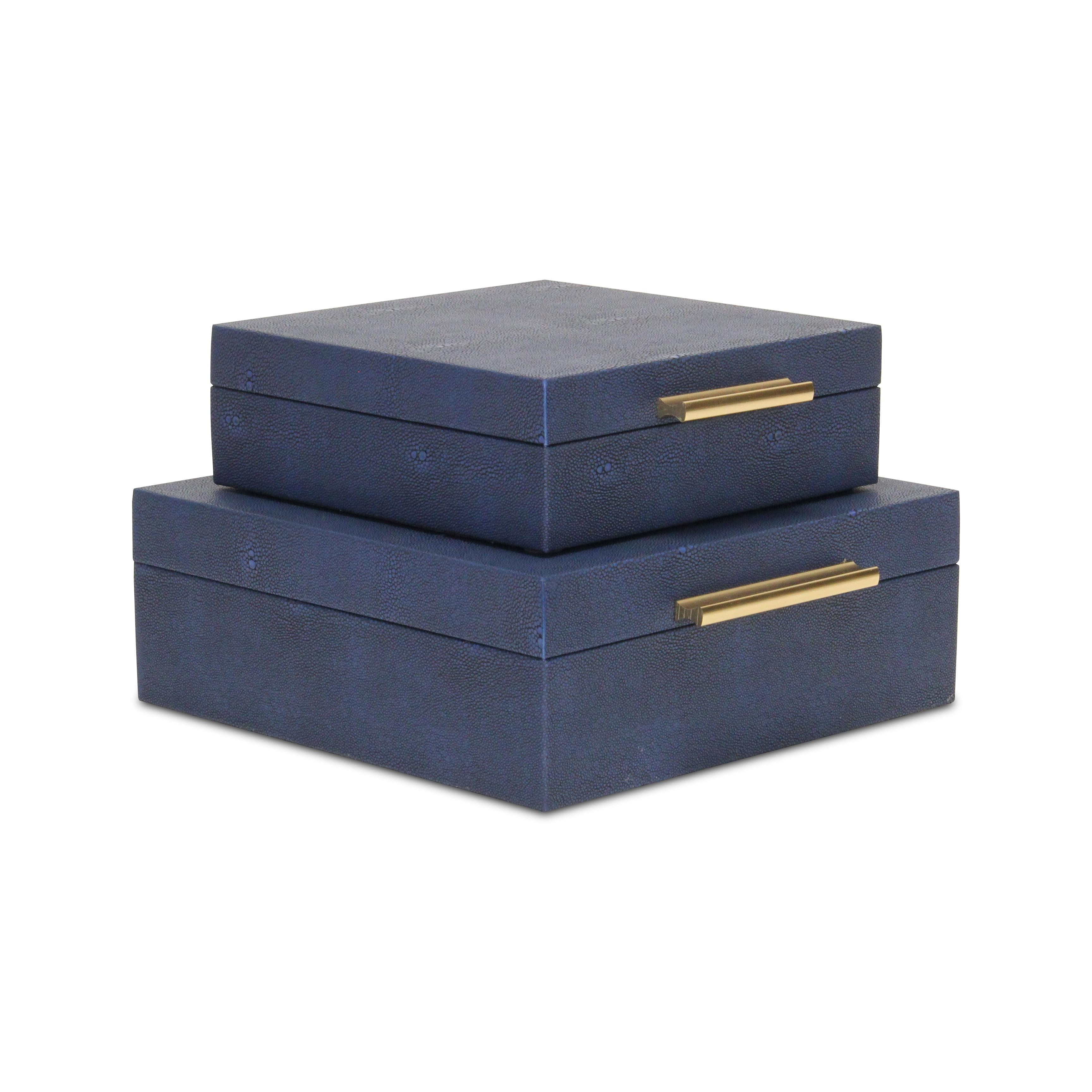 Navy Blue Faux Shagreen Lidded Decorative Box Set with Golden Handle