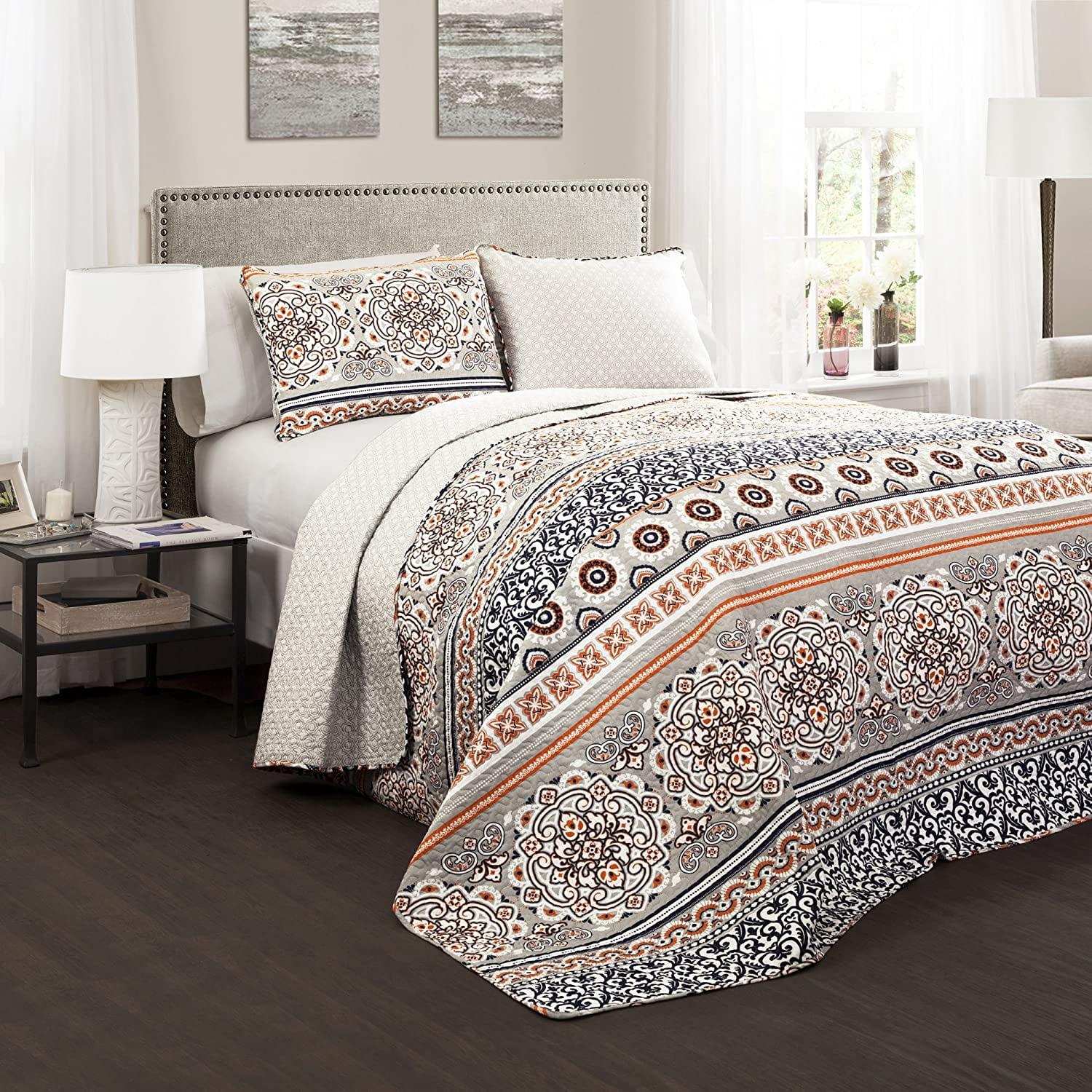 Lush Décor Nesco Quilt Set Striped Pattern Reversible 3 Piece Bedding Set - Navy/Coral - Full/Queen Quilt Set