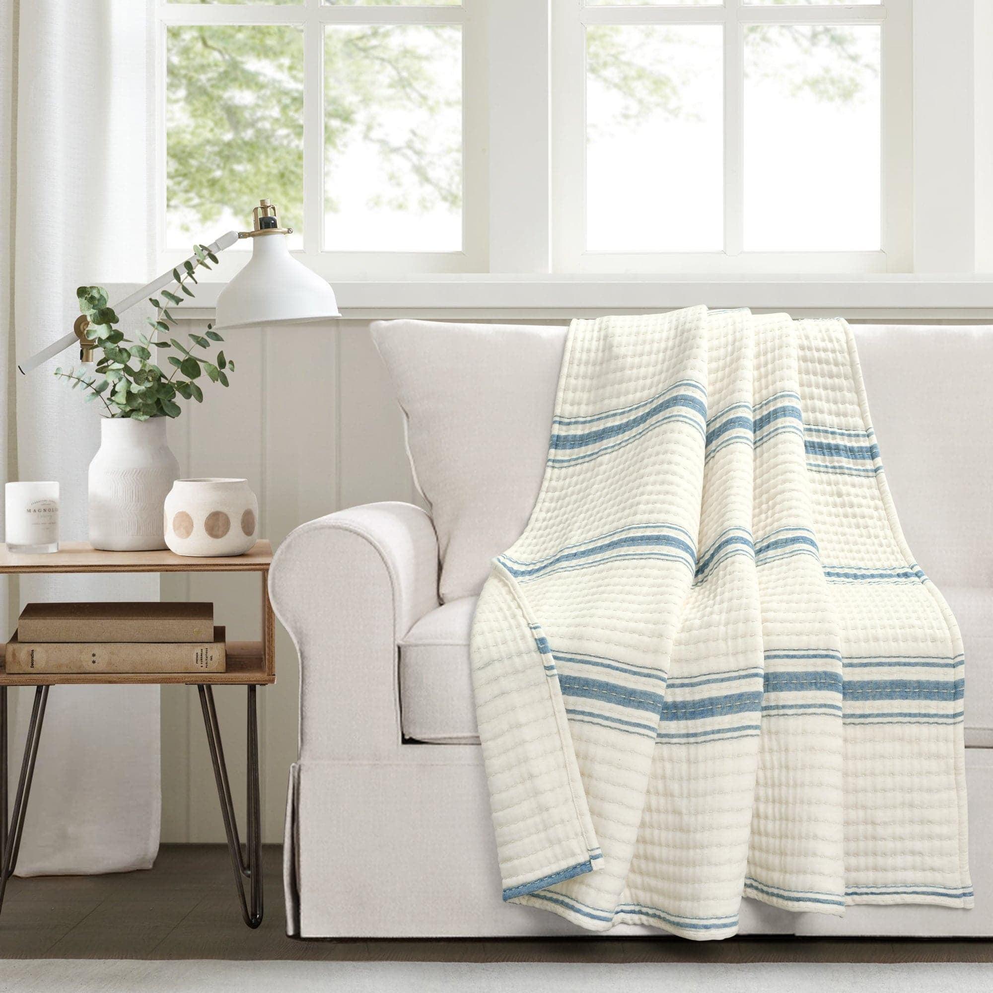 Blue and White Cotton Farmhouse Stripe Reversible Throw Blanket