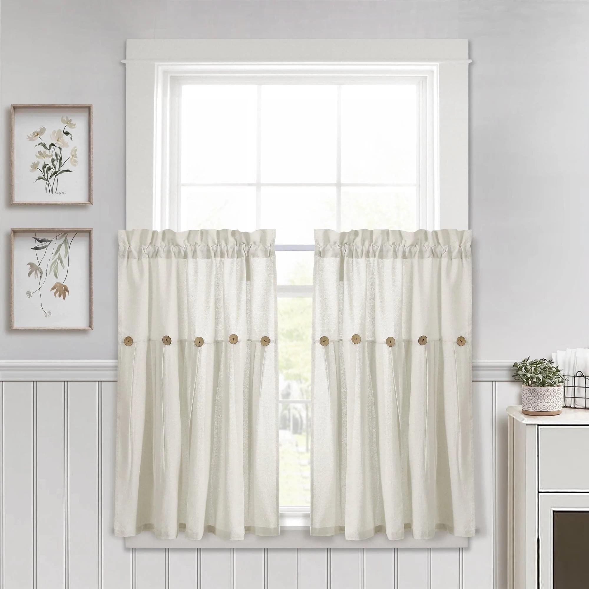 Set of 2 (36"x29") Farmhouse Linen Button Kitchen Curtain Tiers Off White - Lush Décor: Solid Cotton & Linen Rod Pocket