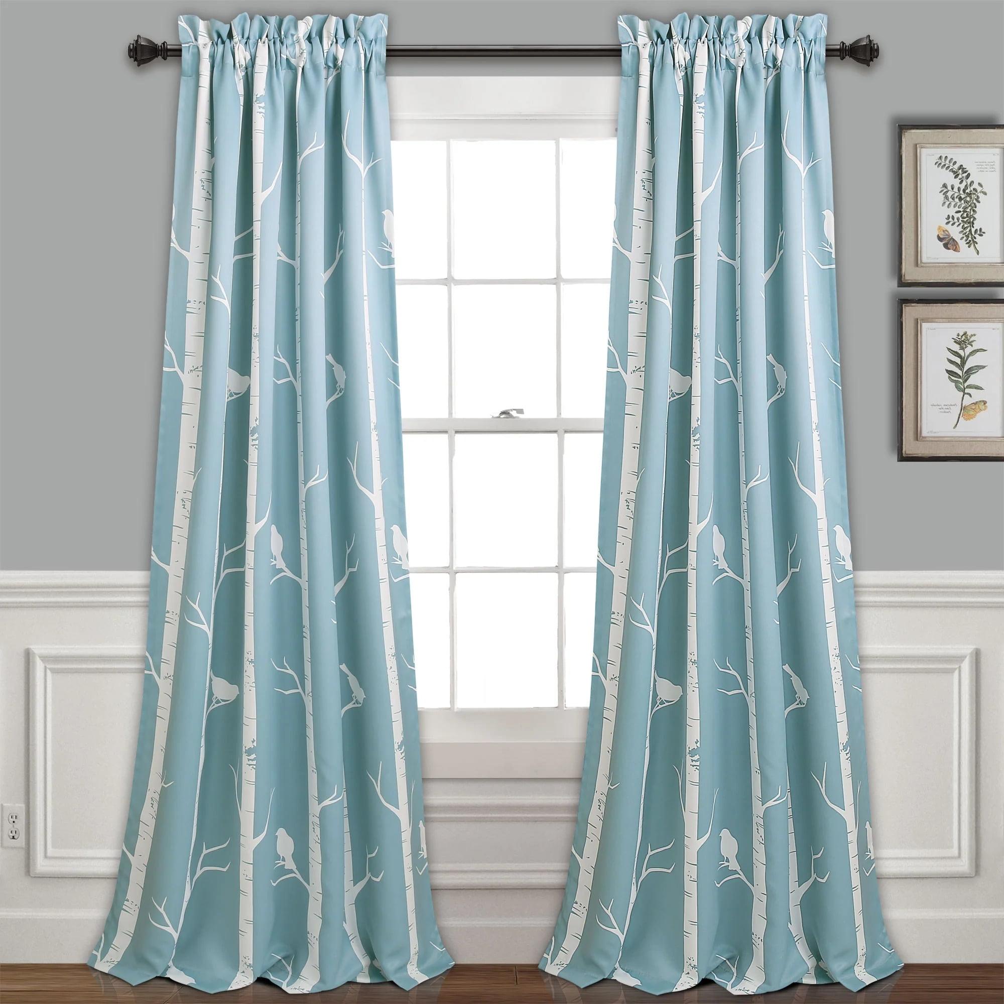 Blue Polyester Bird Print Room Darkening Curtains