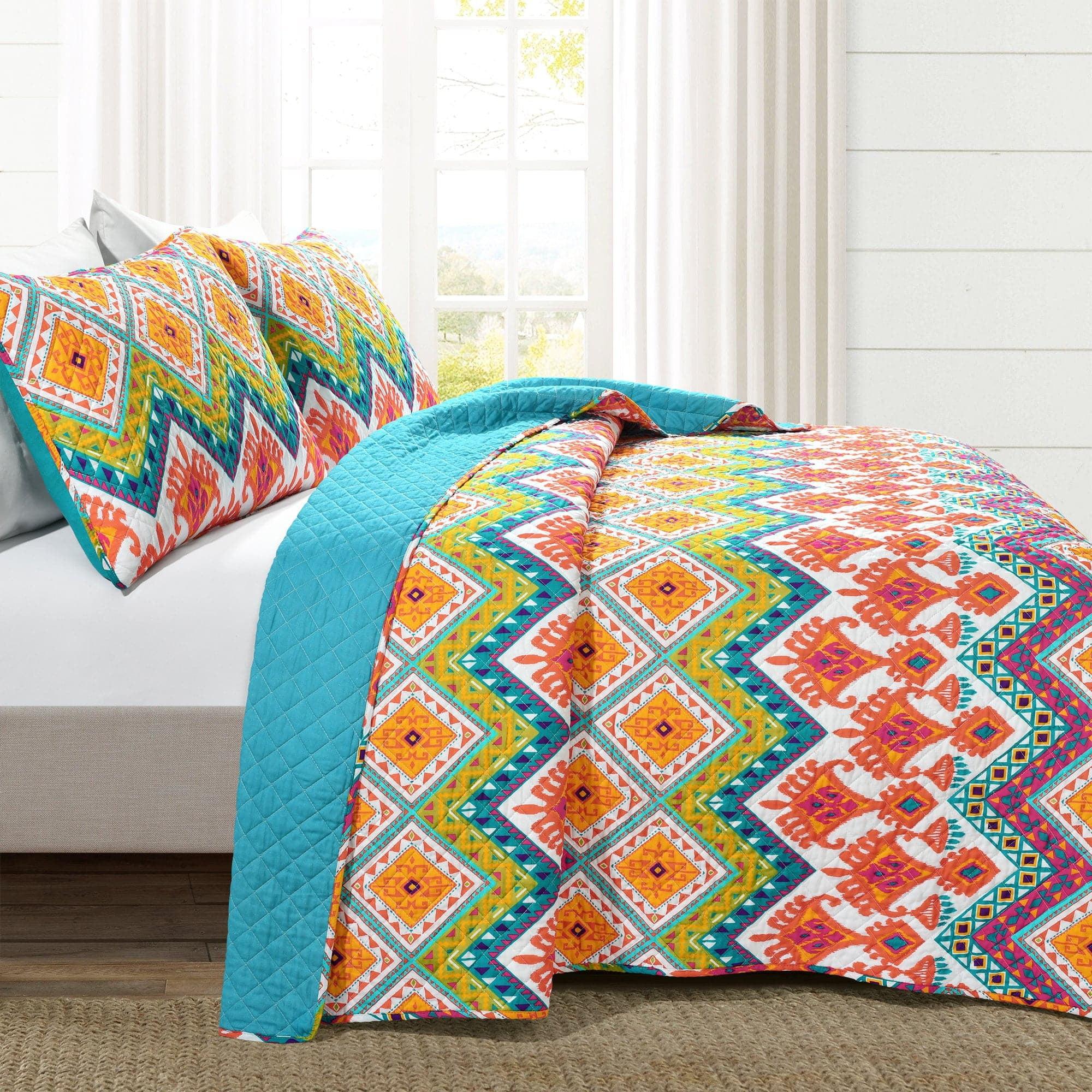 King Size Multicolor Cotton Reversible Boho Quilt Set