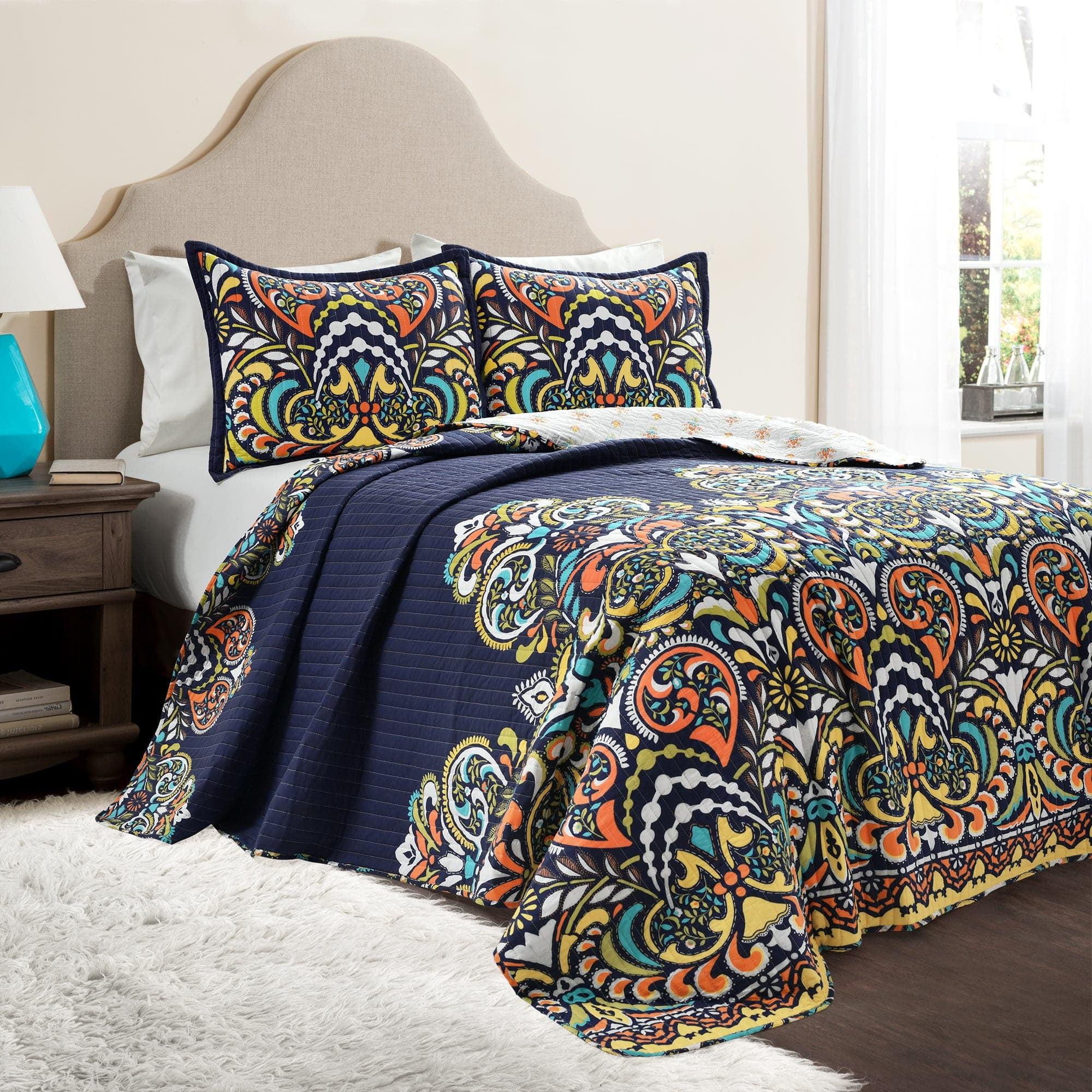 Navy Reversible Cotton Full Quilt Set with Paisley Damask Pattern