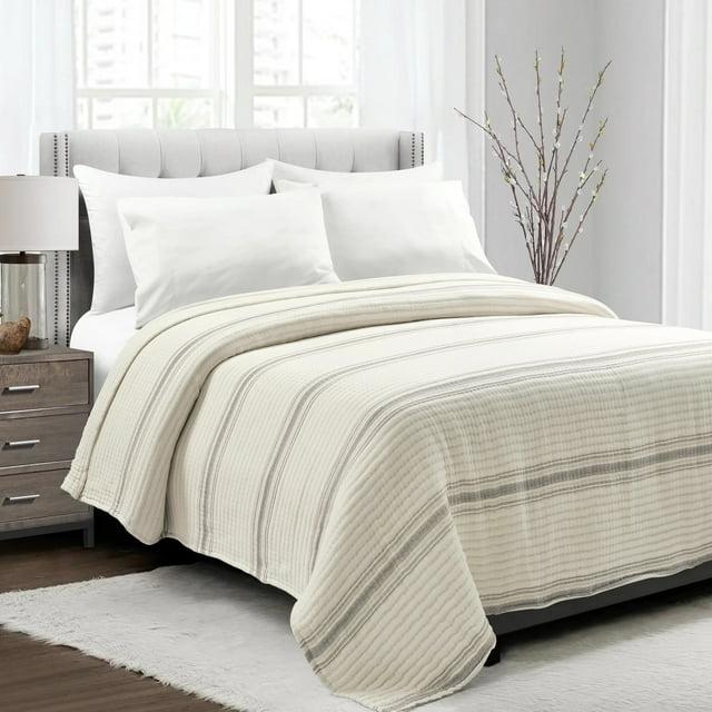 Full/Queen Farmhouse Stripe Kantha Pick Sti Thread Counth Yarn Dyed Woven Single Quilt/Coverlet Gray - Lush Décor